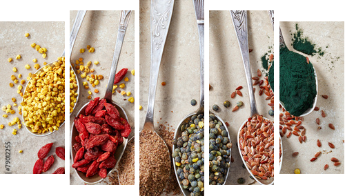 various kinds of superfoods  - Fünfteiliges Leinwandbild, Pentaptychon