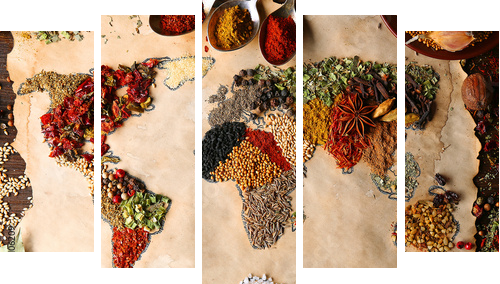 Map of world made from different kinds of spices, close-up  - Fünfteiliges Leinwandbild, Pentaptychon