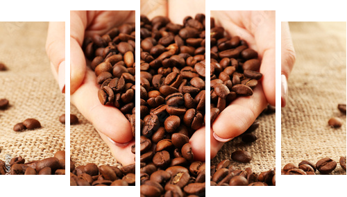 Female hands with coffee beans in shape of heart  - Fünfteiliges Leinwandbild, Pentaptychon