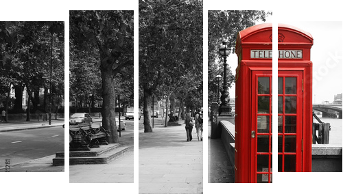 London Telephone Booth - Fünfteiliges Leinwandbild, Pentaptychon
