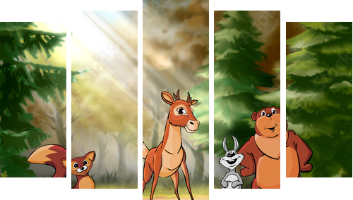 Forest animals are on the field - Fünfteiliges Leinwandbild, Pentaptychon