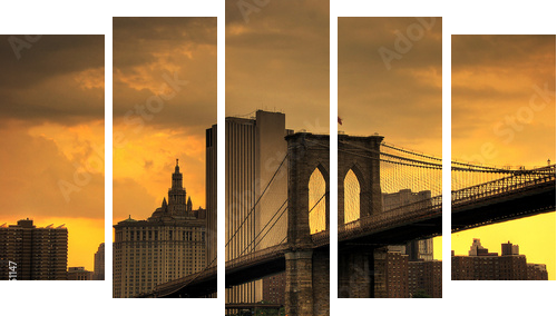 brooklyn bridge sunset - Fünfteiliges Leinwandbild, Pentaptychon