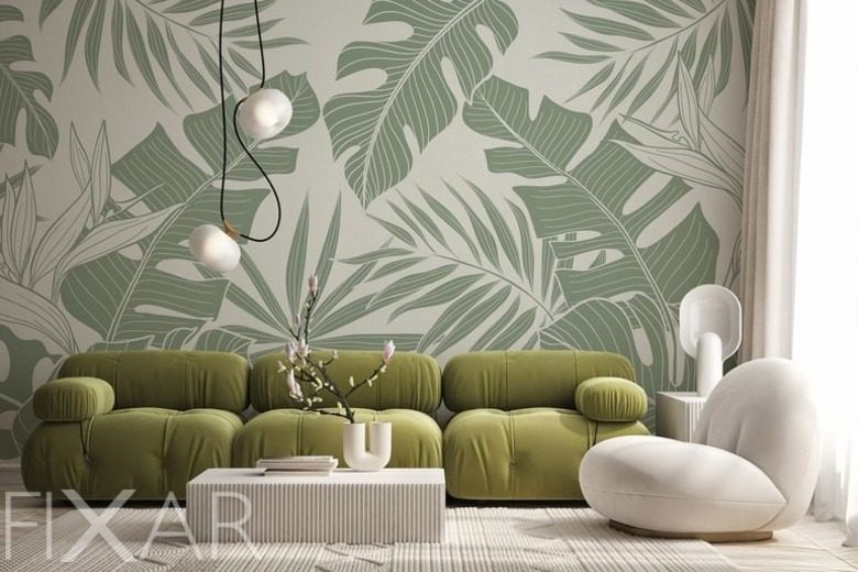 Exotisches wohnzimmer mit monstera blattern furs wohnzimmer fototapeten fixar 3