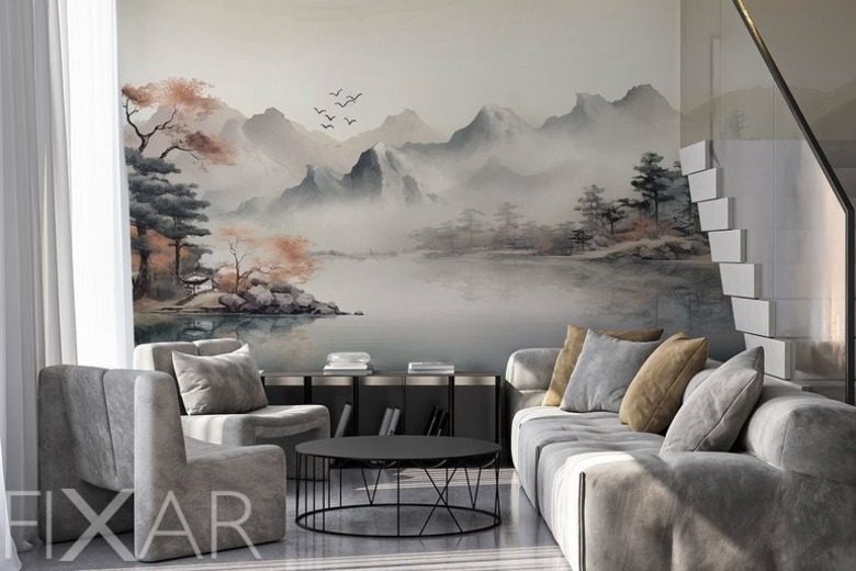 Malerischer nebel uber einem bergsee gebirge fototapeten fixar