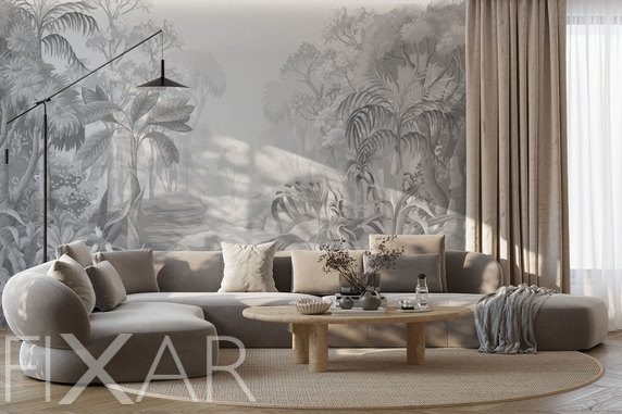 Tropischer-dschungel-in-grau-furs-wohnzimmer-fototapeten-fixar