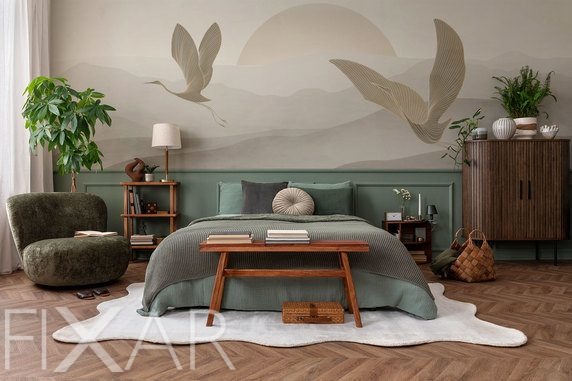 Zarter-landschaftsblick-mit-fliegenden-kranichen-furs-schlafzimmer-fototapeten-fixar