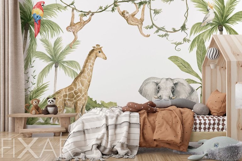 Fototapeten Exotischer Dschungel mit Tieren für Kinder