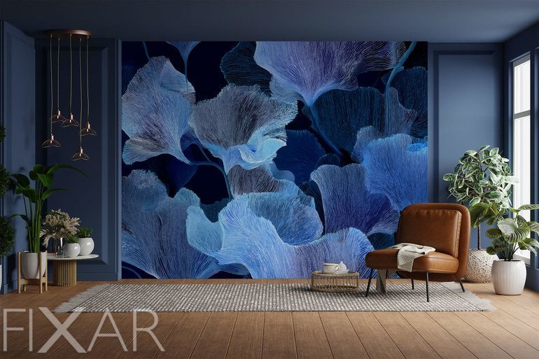Fototapeten Marineblaue Blätter in moderner Eleganz