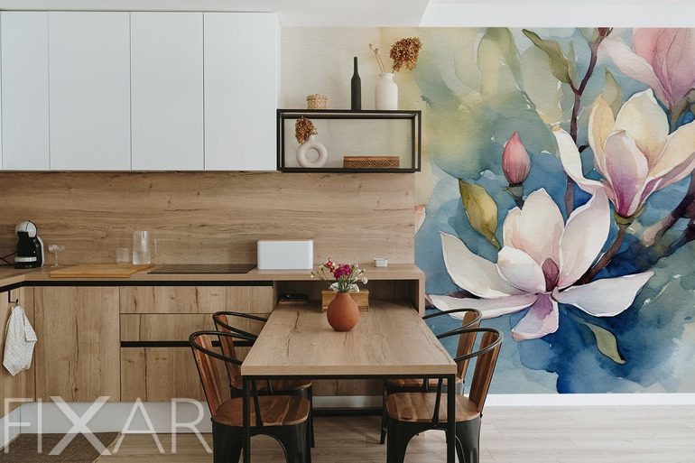 Fototapeten Aquarell-Magnolie in pastellfarbener Eleganz