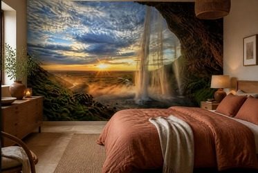 Sonnenuntergang-hinter-dem-wasserfall-in-naturlicher-warmer-gestaltung-wasserfall-fototapeten-fixar