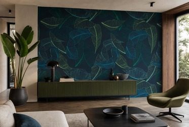 Fein-abgestimmtes-blattspiel-in-marineblau-mit-grunen-akzenten-furs-wohnzimmer-fototapeten-fixar