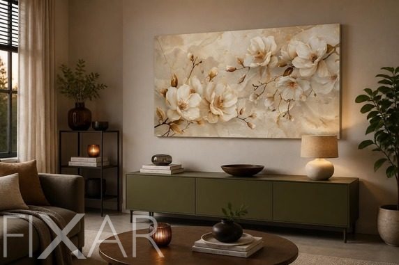 Helle-beigetone-und-cremige-magnolienbluten-furs-wohnzimmer-bilder-und-poster-fixar