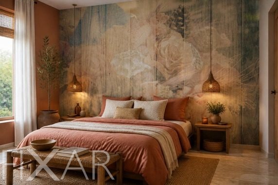 Rhythmische-anordnung-von-blumen-auf-gealtertem-holz-furs-schlafzimmer-fototapeten-fixar