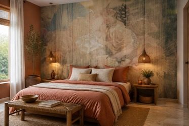 Rhythmische-anordnung-von-blumen-auf-gealtertem-holz-furs-schlafzimmer-fototapeten-fixar