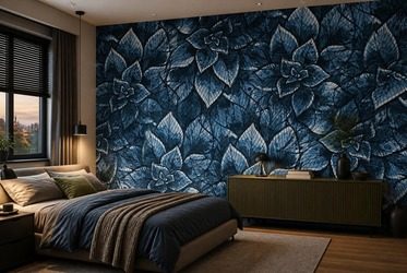 Kontrast-dunkelblauer-blatter-auf-dunklem-hintergrund-furs-schlafzimmer-fototapeten-fixar