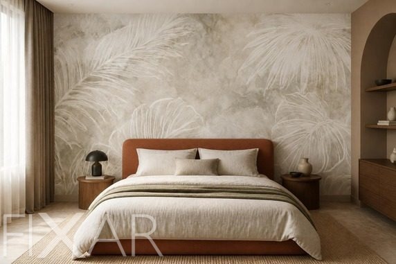 Quiet-luxury-mit-wandgestaltung-im-blattermotiv-furs-schlafzimmer-fototapeten-fixar