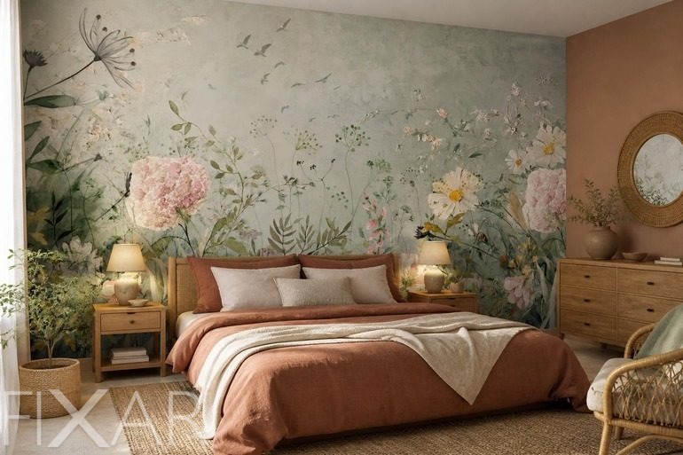 Fototapeten Malerei-Stil mit zartem botanischem Motiv