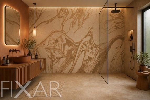 Moderne-grafik-in-warmen-erdtonen-furs-badezimmer-fototapeten-fixar