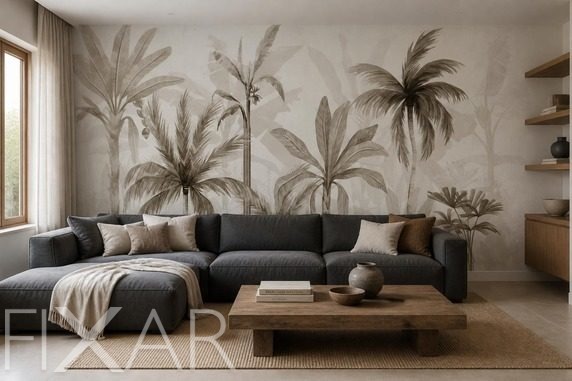 Kontrast-zarter-palmen-vor-beigen-farbtonen-furs-wohnzimmer-fototapeten-fixar