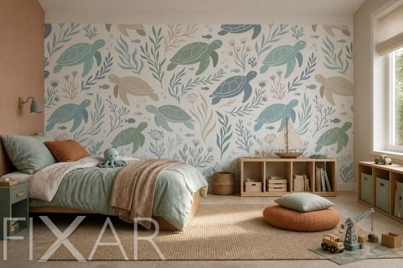 Kontrast-pastellfarbener-meeresschildkroten-auf-hellem-hintergrund-jungenzimmer-fototapeten-fixar