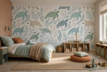 Kontrast-pastellfarbener-meeresschildkroten-auf-hellem-hintergrund-jungenzimmer-fototapeten-fixar
