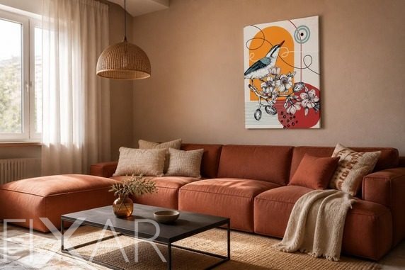 Kunstlerischer-charakter-mit-dekorativem-vogelmotiv-furs-wohnzimmer-bilder-und-poster-fixar
