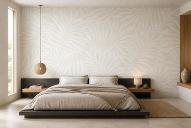 Raumlicher-rhythmus-der-blatter-in-neutraler-farbpalette-furs-schlafzimmer-fototapeten-fixar