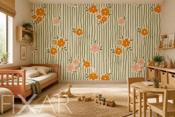 Rhythmische-vertikale-streifen-mit-orangefarbenen-blumen-fur-kinder-fototapeten-fixar