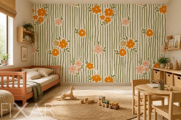 Fototapeten Rhythmische vertikale Streifen mit orangefarbenen Blumen