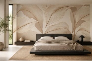 Elegante-blattlinien-in-neutraler-farbpalette-furs-schlafzimmer-fototapeten-fixar