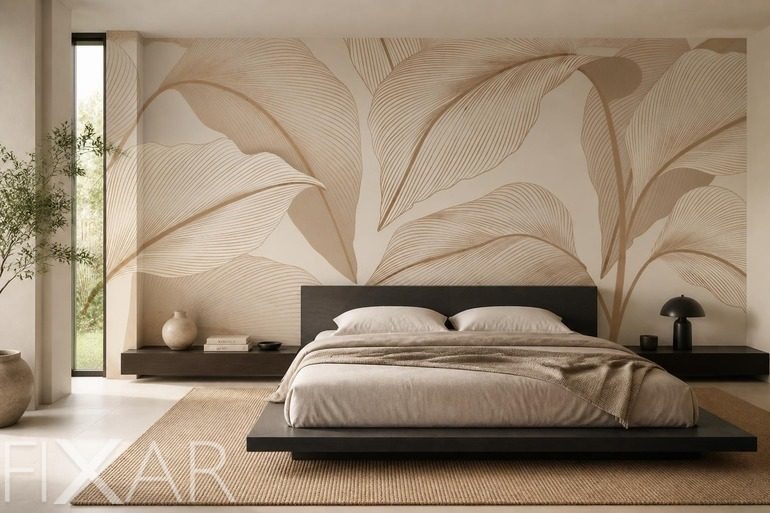 Fototapeten Elegante Blattlinien in neutraler Farbpalette