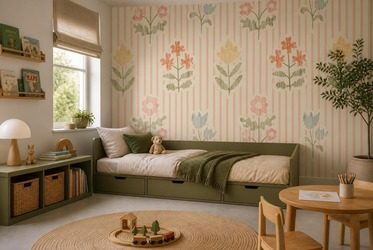 Motiv-zarter-blumen-auf-gestreiftem-hintergrund-fur-kinder-fototapeten-fixar