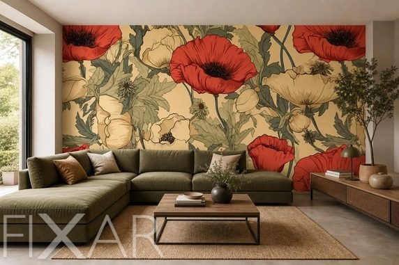Rote-mohnblumen-auf-cremefarbenem-hintergrund-mit-goldenem-schimmer-furs-wohnzimmer-fototapeten-fixar