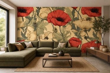 Rote-mohnblumen-auf-cremefarbenem-hintergrund-mit-goldenem-schimmer-furs-wohnzimmer-fototapeten-fixar