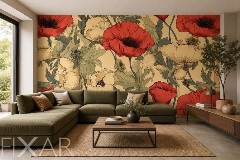 Fototapeten Rote Mohnblumen auf cremefarbenem Hintergrund mit goldenem Schimmer