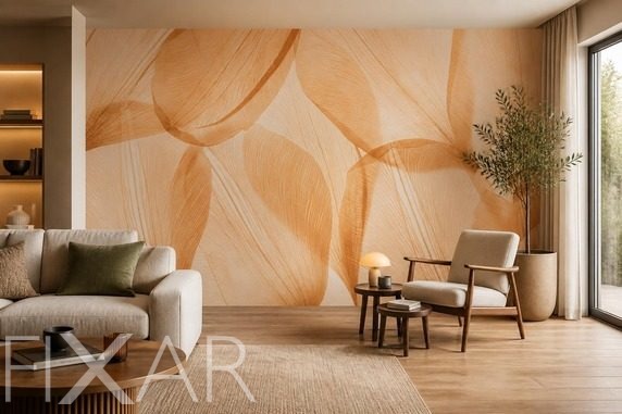Warme-beigetone-mit-transparentem-blattmotiv-furs-wohnzimmer-fototapeten-fixar