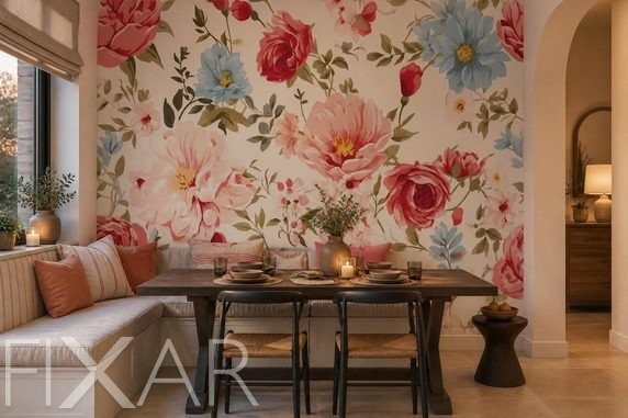 Zarte-palette-aus-rosa-und-blau-im-floralen-rhythmus-blumen-fototapeten-fixar