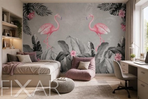 Feiner-rhythmus-tropischer-rosa-flamingos-fur-teenager-fototapeten-fixar