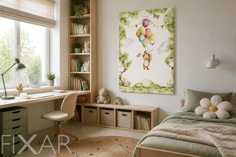 Bilder und Poster Arrangement mit Fuchs vor Ballons und Bäumen