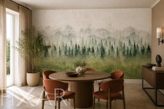 Feiner-rhythmus-einer-bergpanorama-wandgestaltung-mit-wald-landschaften-fototapeten-fixar