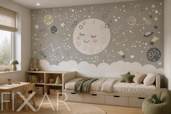 Gedampfte-beigetone-und-grautone-im-kosmischen-raum-fur-kinder-fototapeten-fixar
