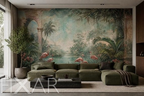 Moderner-stil-mit-tropischem-flamingo-motiv-furs-wohnzimmer-fototapeten-fixar