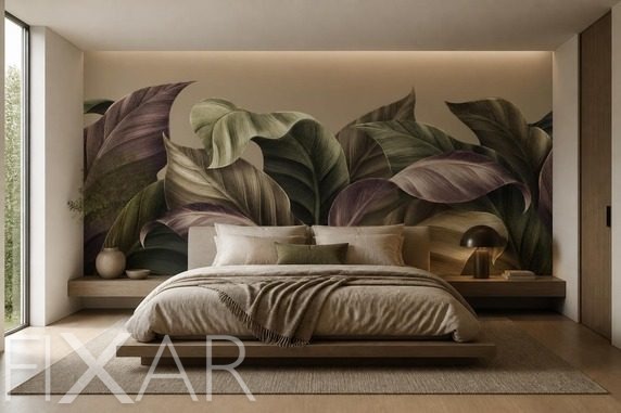 Dekorativer-blattermotiv-in-ruhigem-sanftem-stil-furs-schlafzimmer-fototapeten-fixar