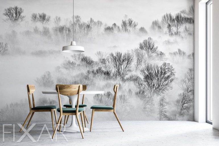 Fototapeten Dichter Nebel über dem Wald